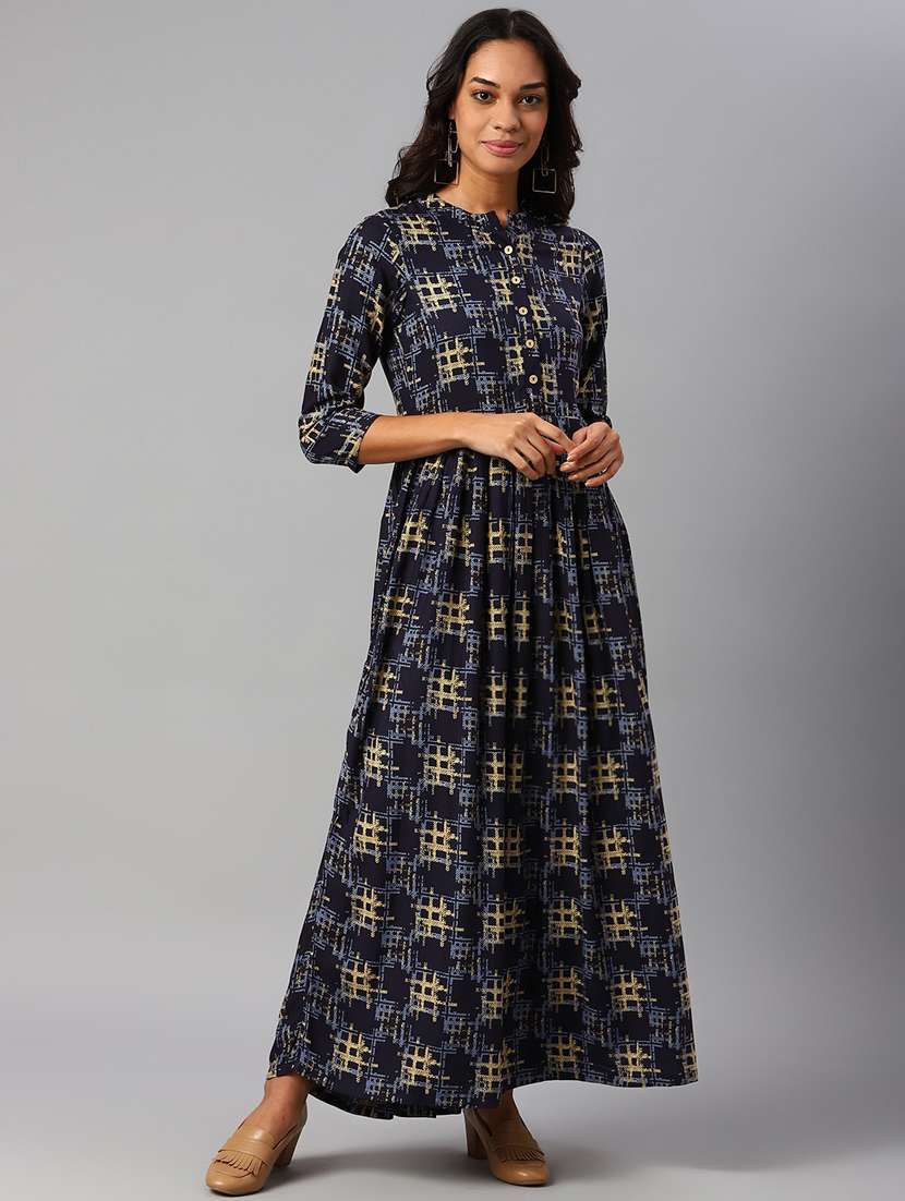 mandarin neck printed ethnic maxi dress