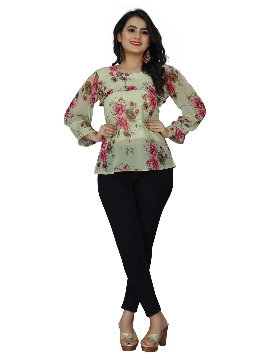 round neck floral top - 18499545 - Standard Image - 3