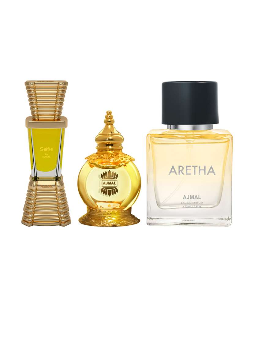 ajmal selfie concentrated perfume 10ml for men and mukhallat al wafa cp 12ml for unisex and aretha edp 50 ml for women