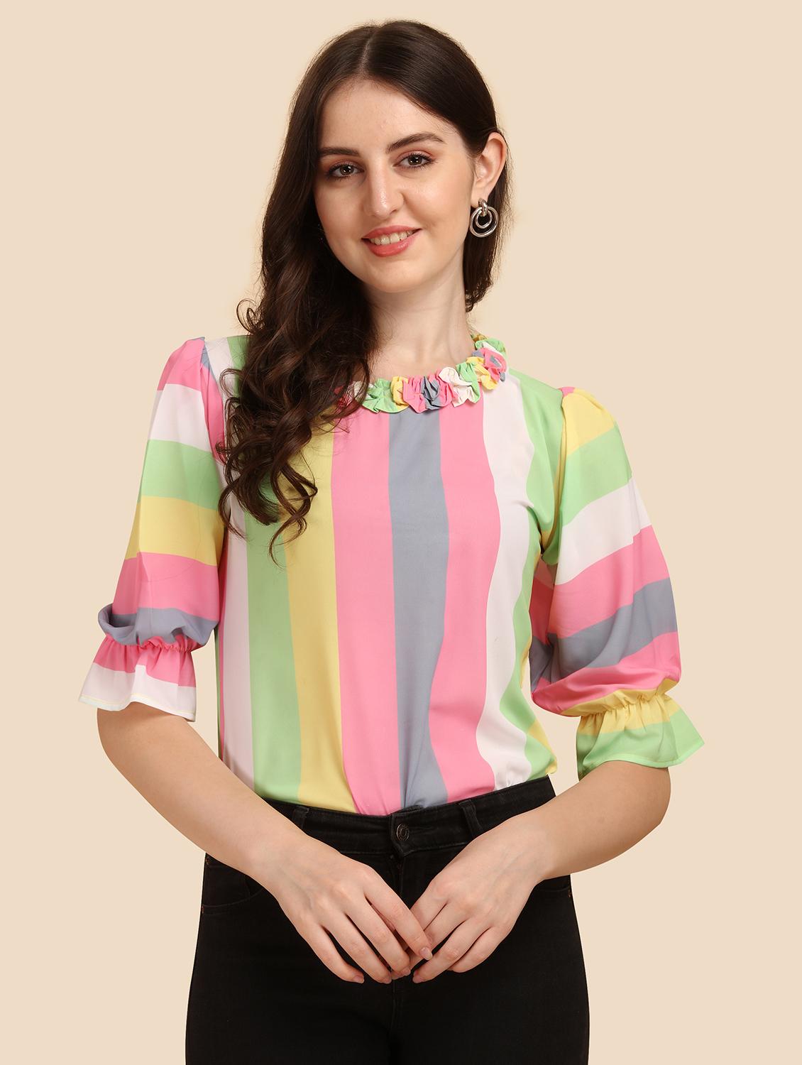 striped ruffle neck regular top - 18500186 - Zoom Image - 0