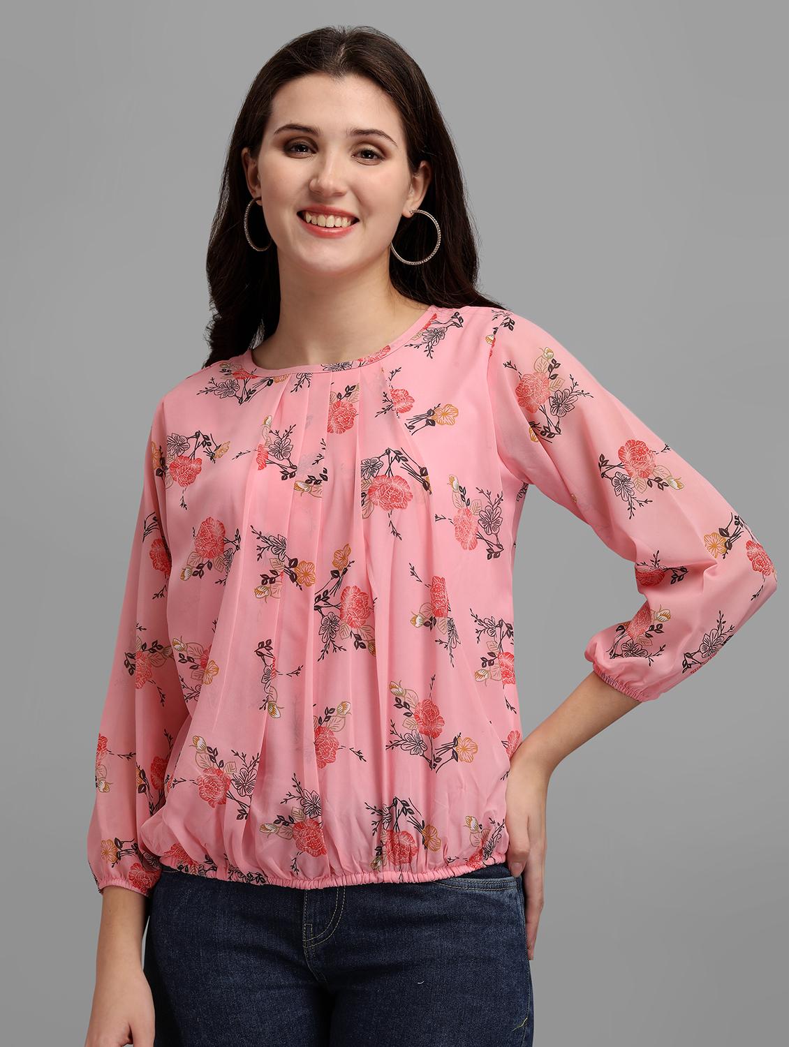 round neck floral print blouson top - 18500237 - Zoom Image - 0