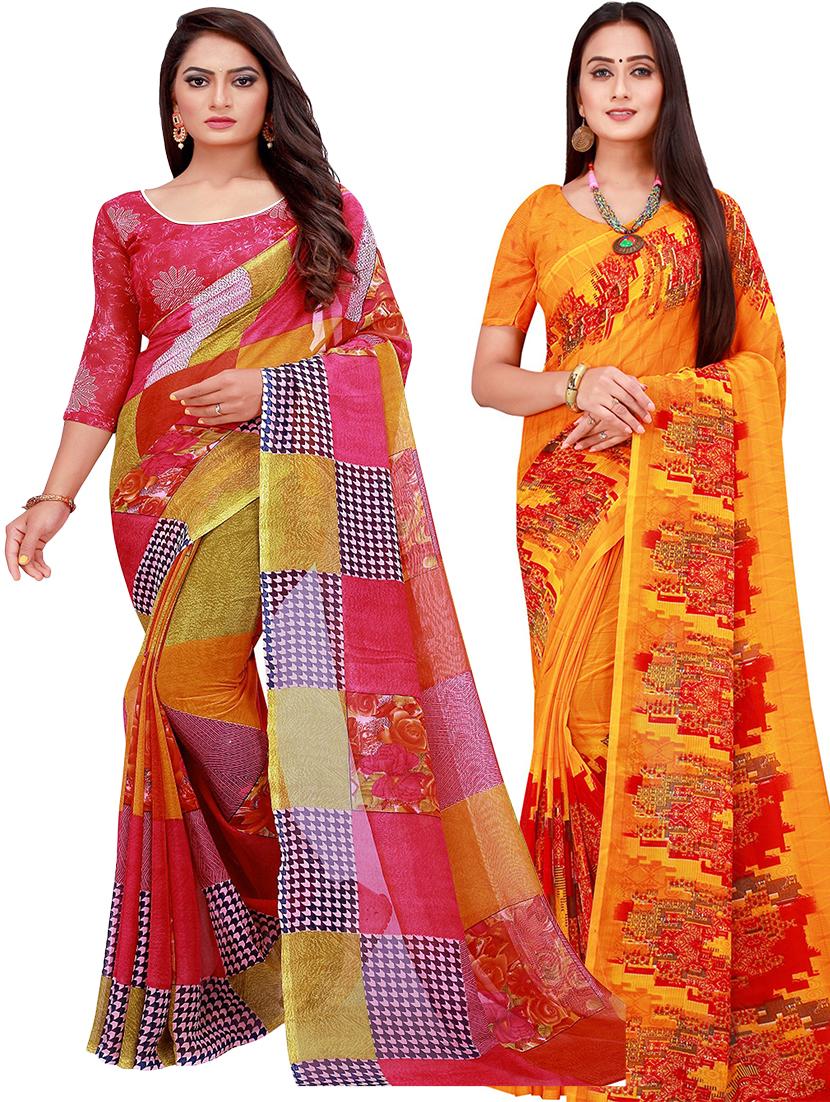 pack of 2 printed sarees with blouse - 18501808 -  Zoom Image - 0
