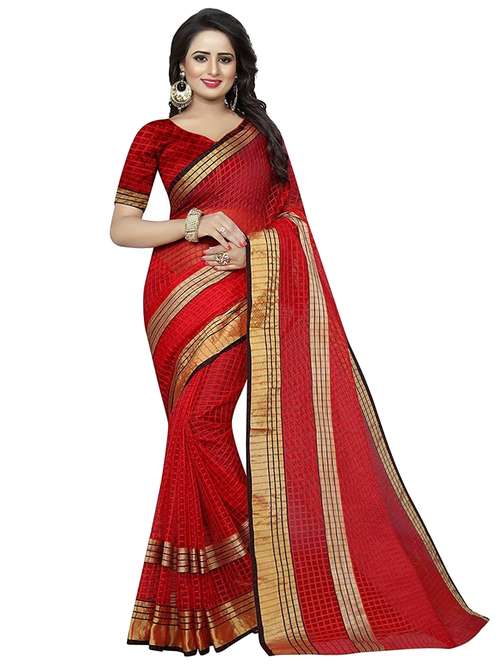 women's checks red colored saree with blouse - 18502043 -  Standard Image - 0