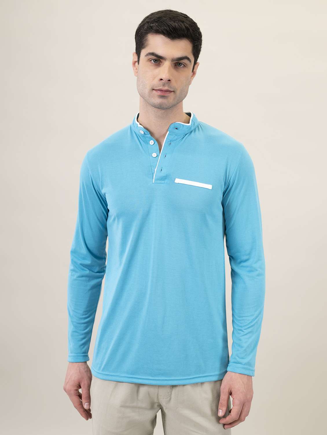 mandarin neck contrast piping solid t-shirt