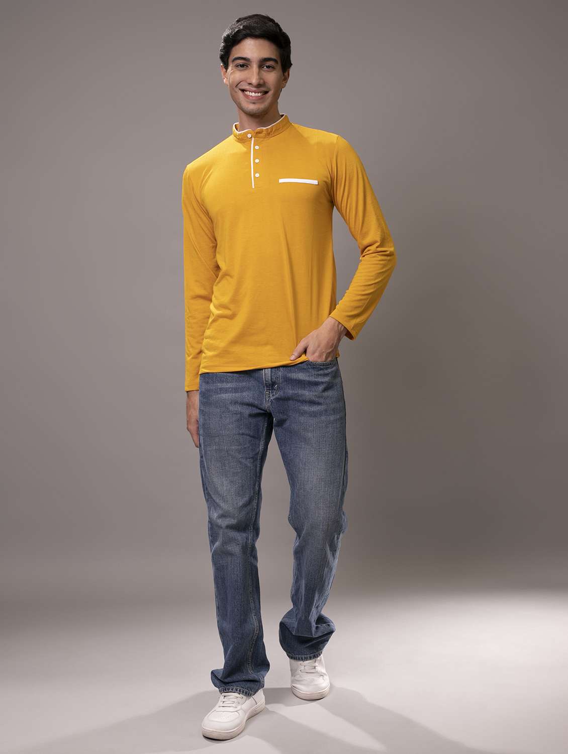 men mustard solid regular fit long sleeve t-shirt - 18507576 -  Standard Image - 3