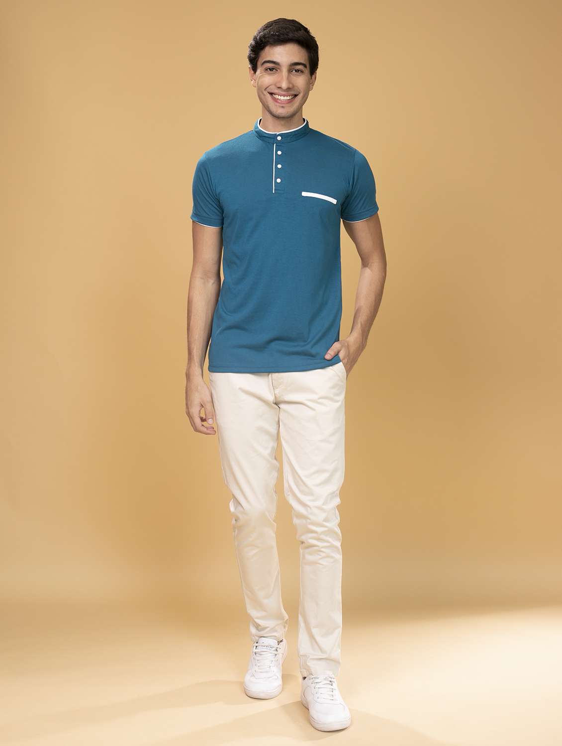 men blue slim fit contrast piping solid t-shirt - 18507581 -  Standard Image - 3