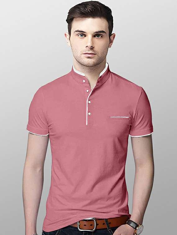 mandarin neck contrast piping solid t-shirt