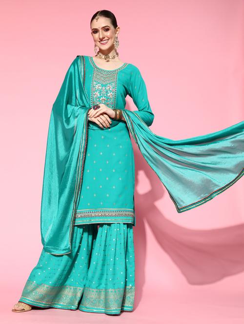 zari embroidery kurta with sharara and dupatta - 18509499 - Standard Image - 0
