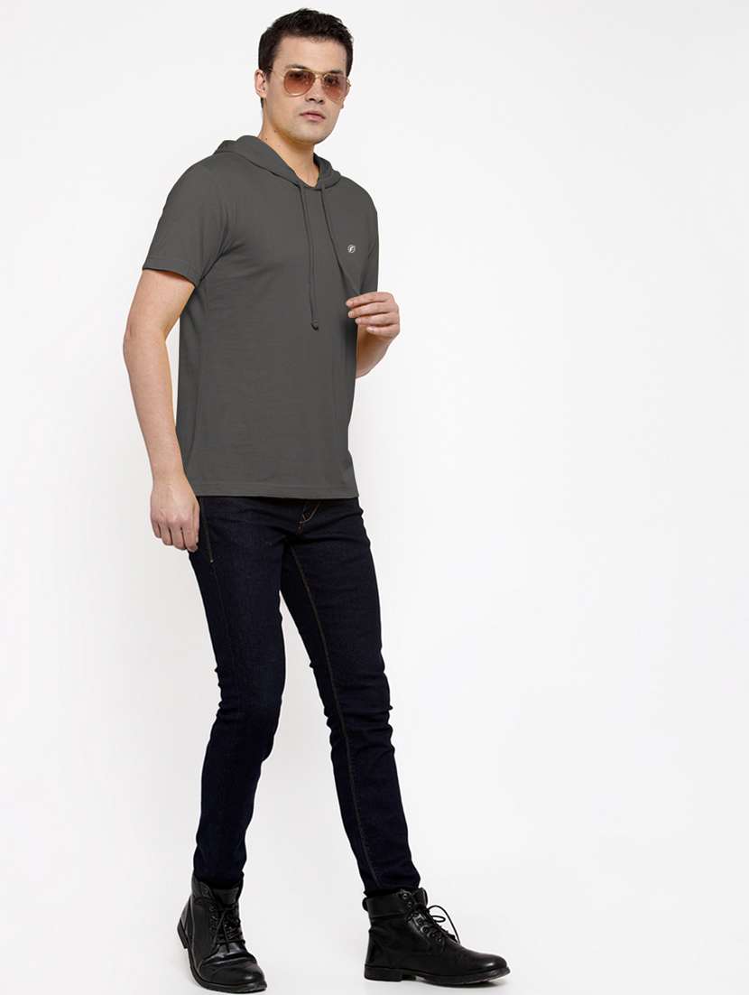 grey solid hooded t-shirt - 18510129 -  Standard Image - 5