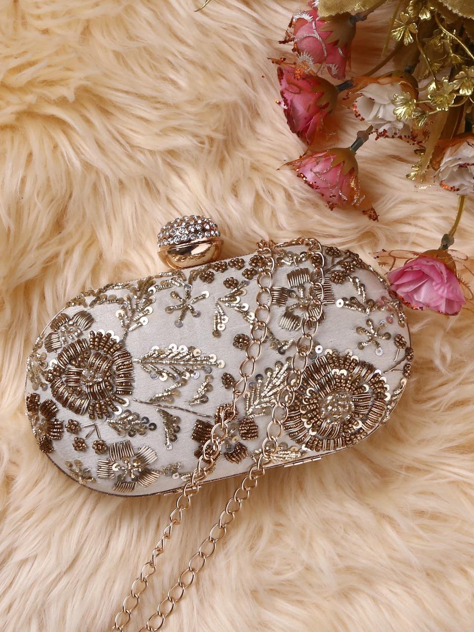 dbfashionvilla cream velvet zardozi clutch box - 18510159 - Zoom Image - 0