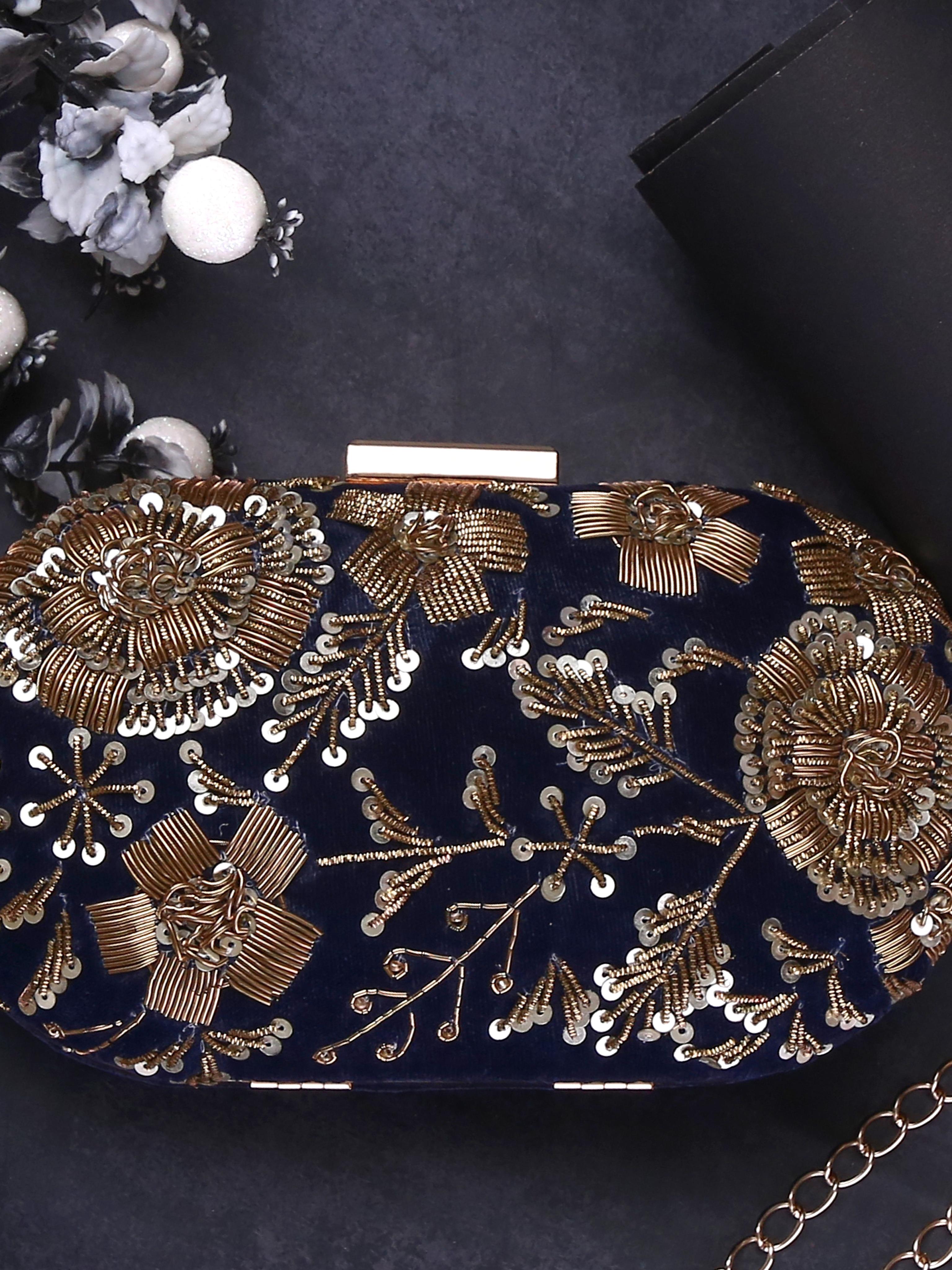 dbfashionvilla navy blue velvet zardozi clutch - 18510164 - Zoom Image - 0