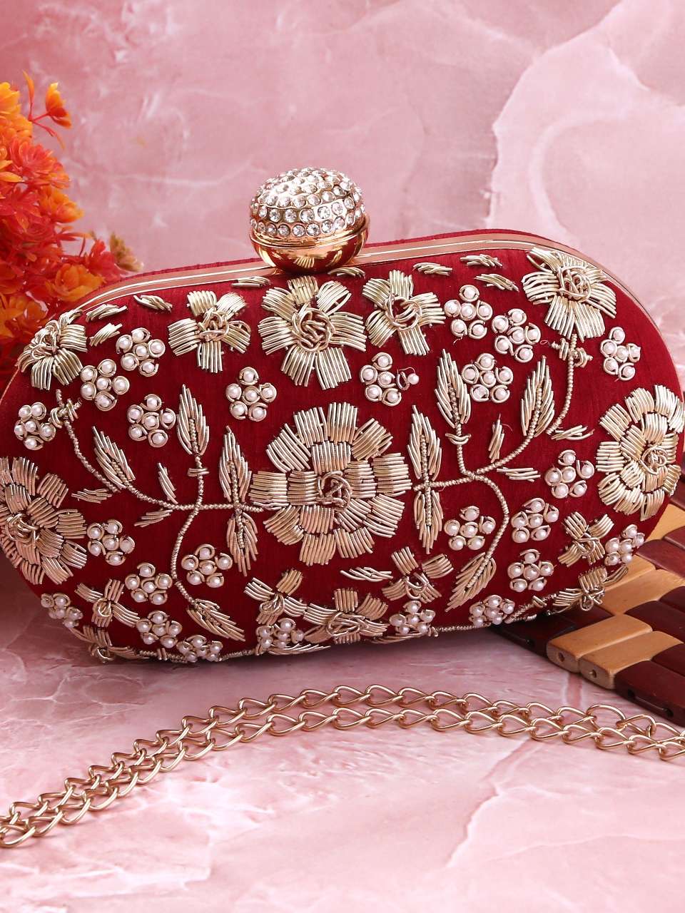 dbfashionvilla red oval zardozi clutch box - 18510185 - Zoom Image - 0