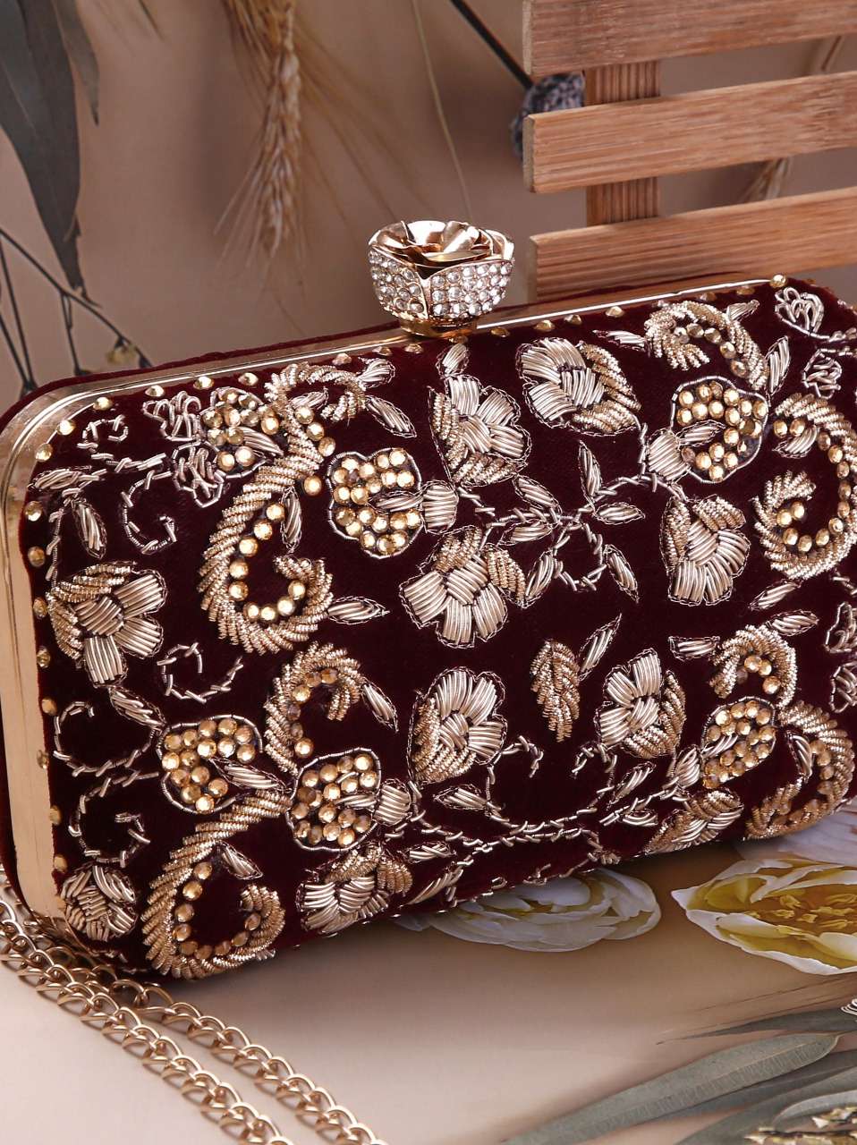 dbfashionvilla desinger maroon zardozi clutch box - 18510399 - Zoom Image - 0