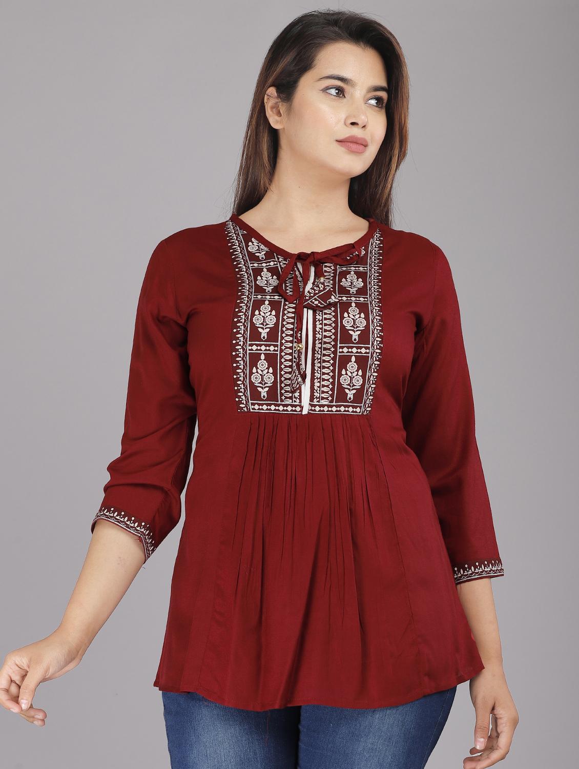tie up neck embroidered tunic - 18512543 - Zoom Image - 0