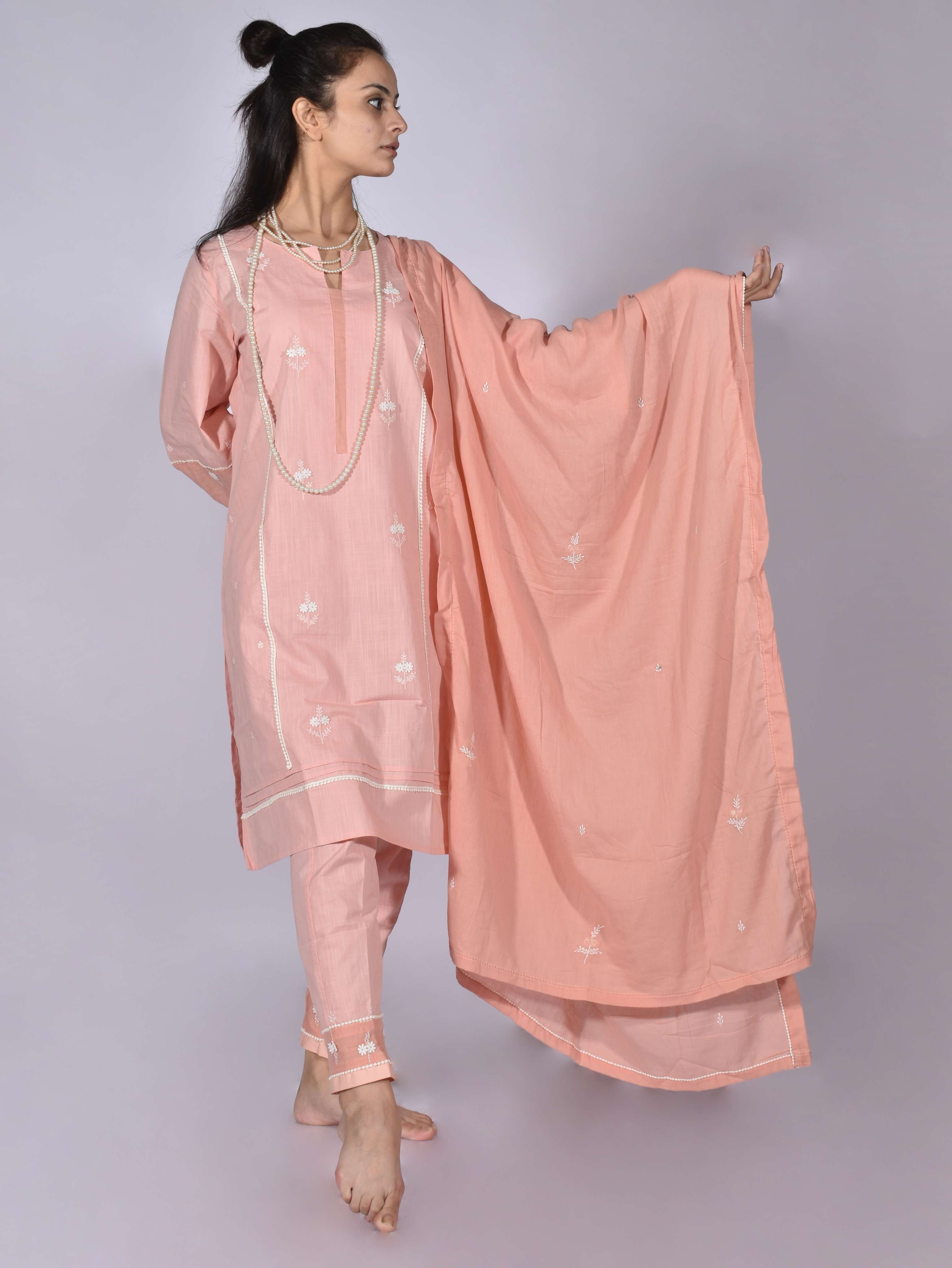 peach hand embroidered kurta with pant 
