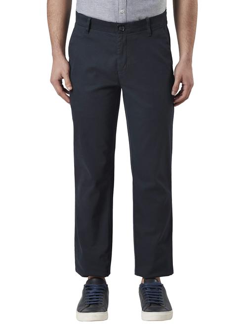 navy blue solid casual trouser - 18513696 - Standard Image - 0