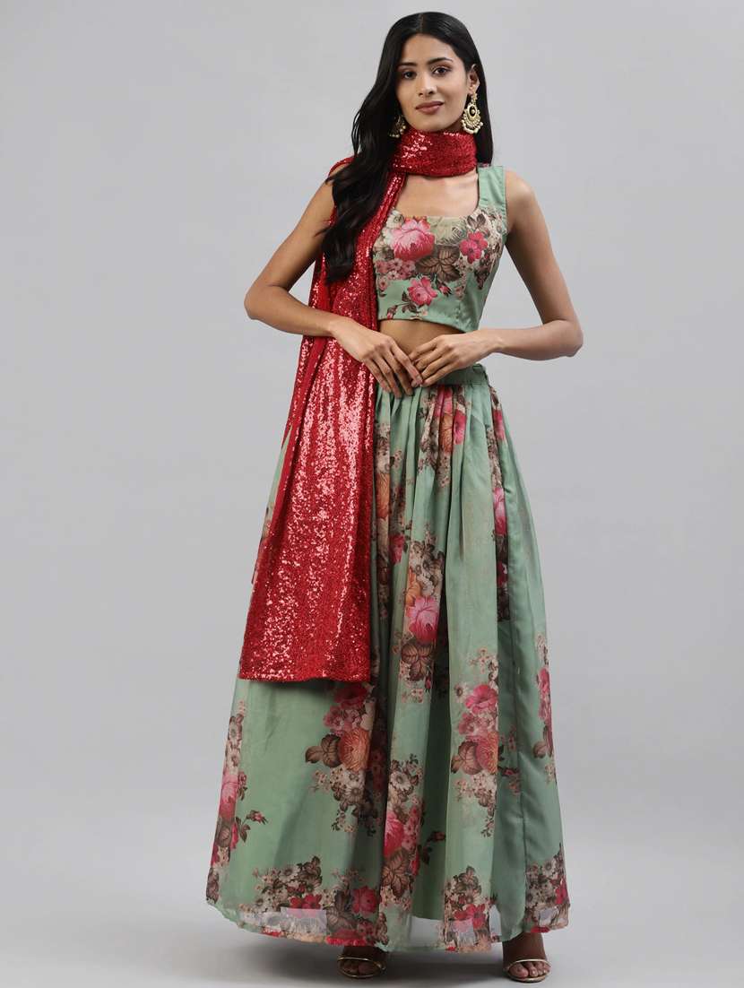printed semi-stitched lehenga & blouse with dupatta