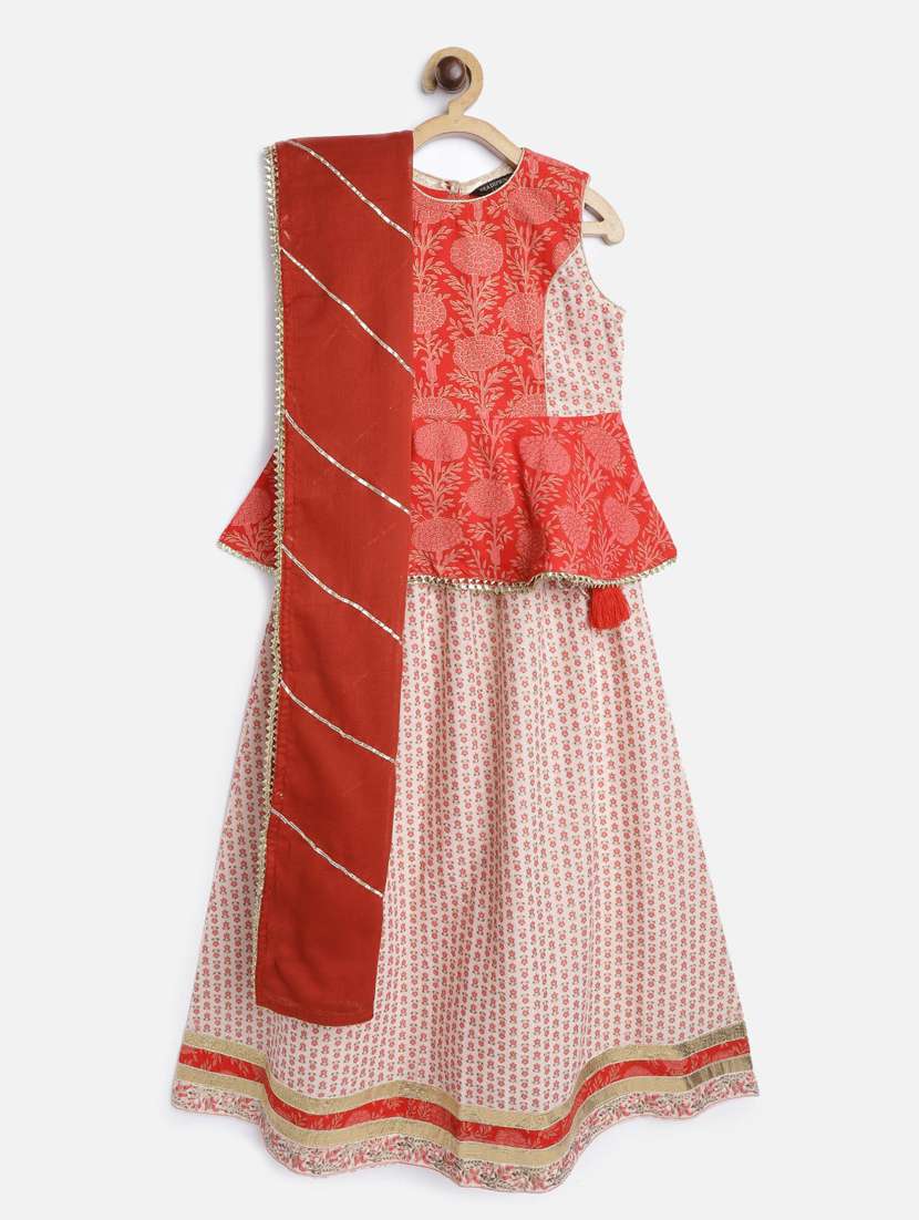 girls printed kurta skirt set with dupatta