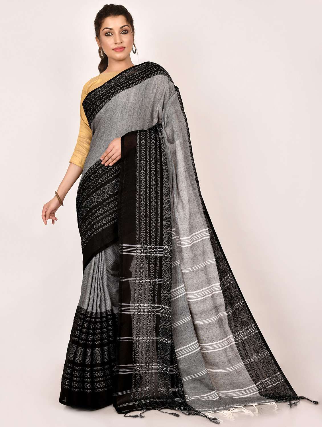 women's self design grey colored saree