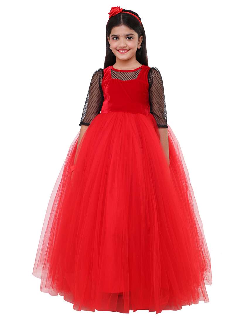 girls red embellished layered party gown