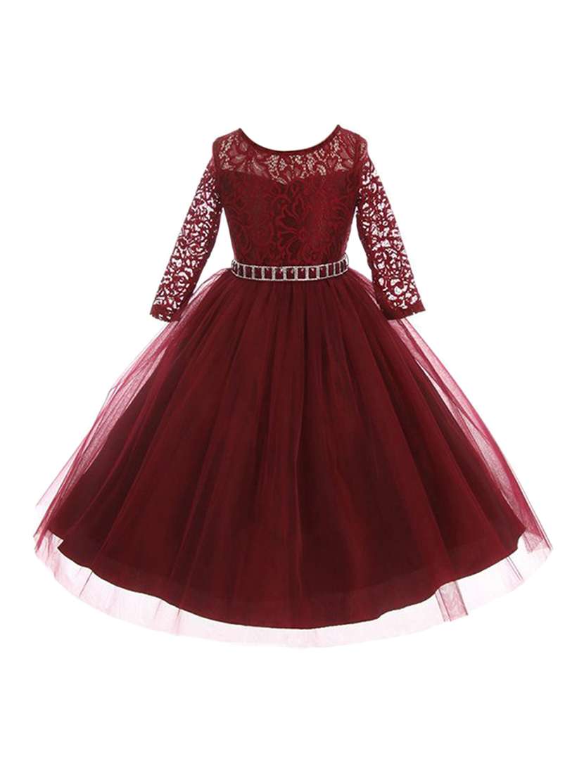 girls round neck lace detailed flared party gown