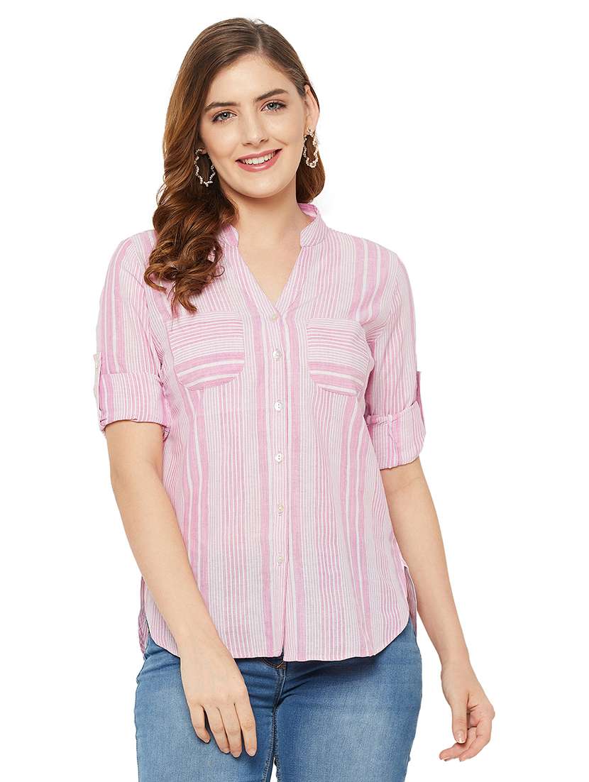 mandarin collar striped regular shirt