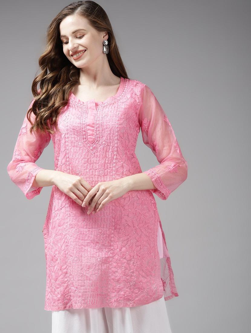 ada hand embroidered pink straight organza lucknowi chikankari kurti with slip - 18518377 - Zoom Image - 0