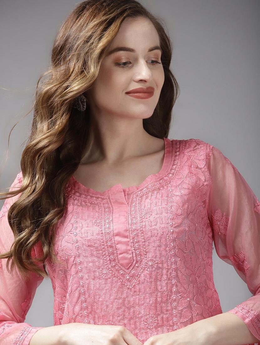 ada hand embroidered pink straight organza lucknowi chikankari kurti with slip - 18518377 - Standard Image - 3