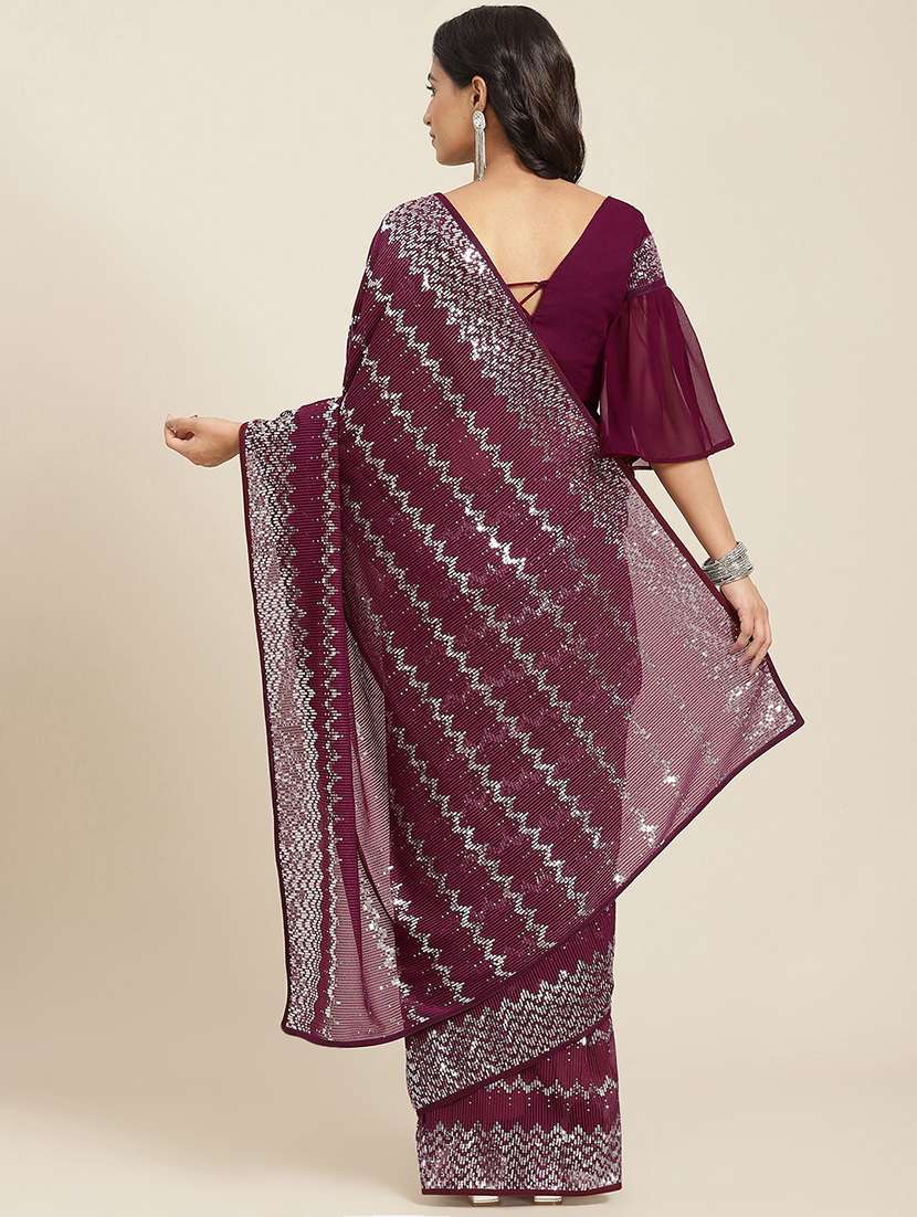 Purple Sequined Saree With Blouse