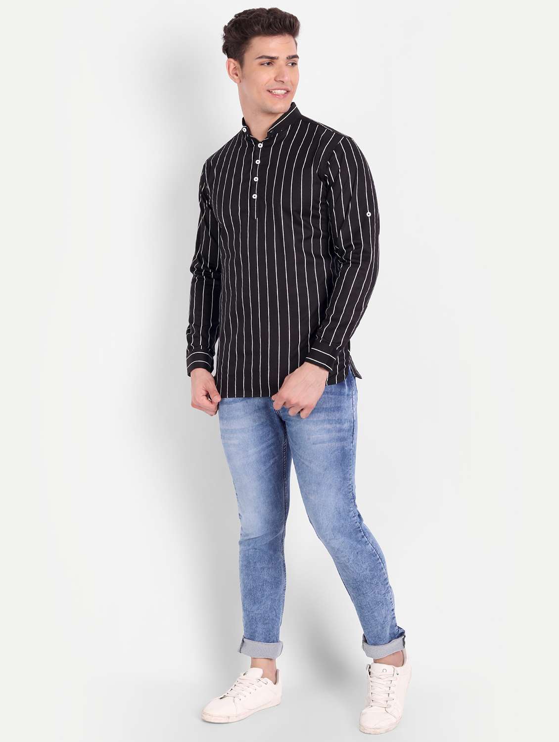 black striped short kurta - 18519113 -  Standard Image - 3