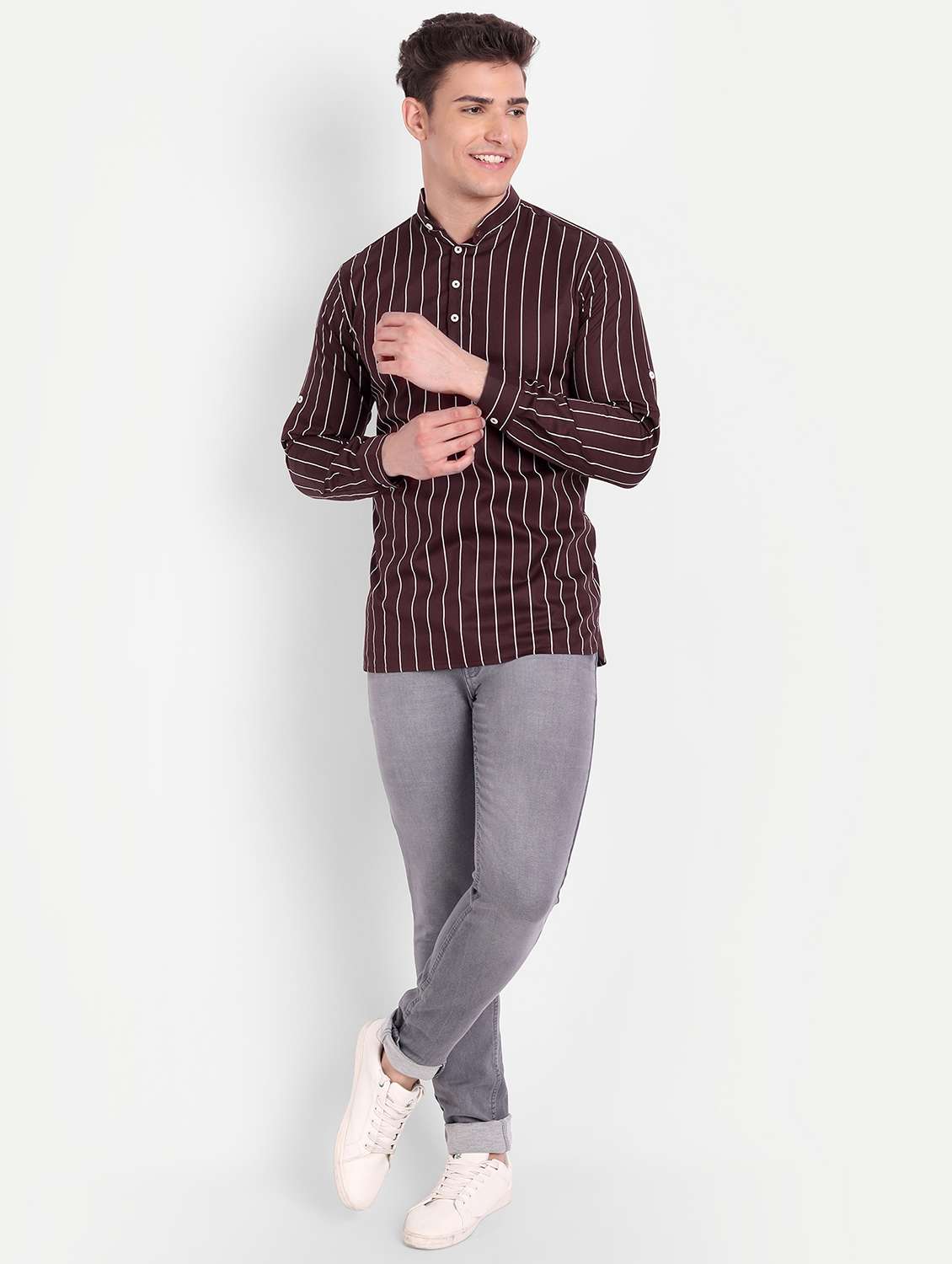 brown striped short kurta - 18519114 -  Standard Image - 3