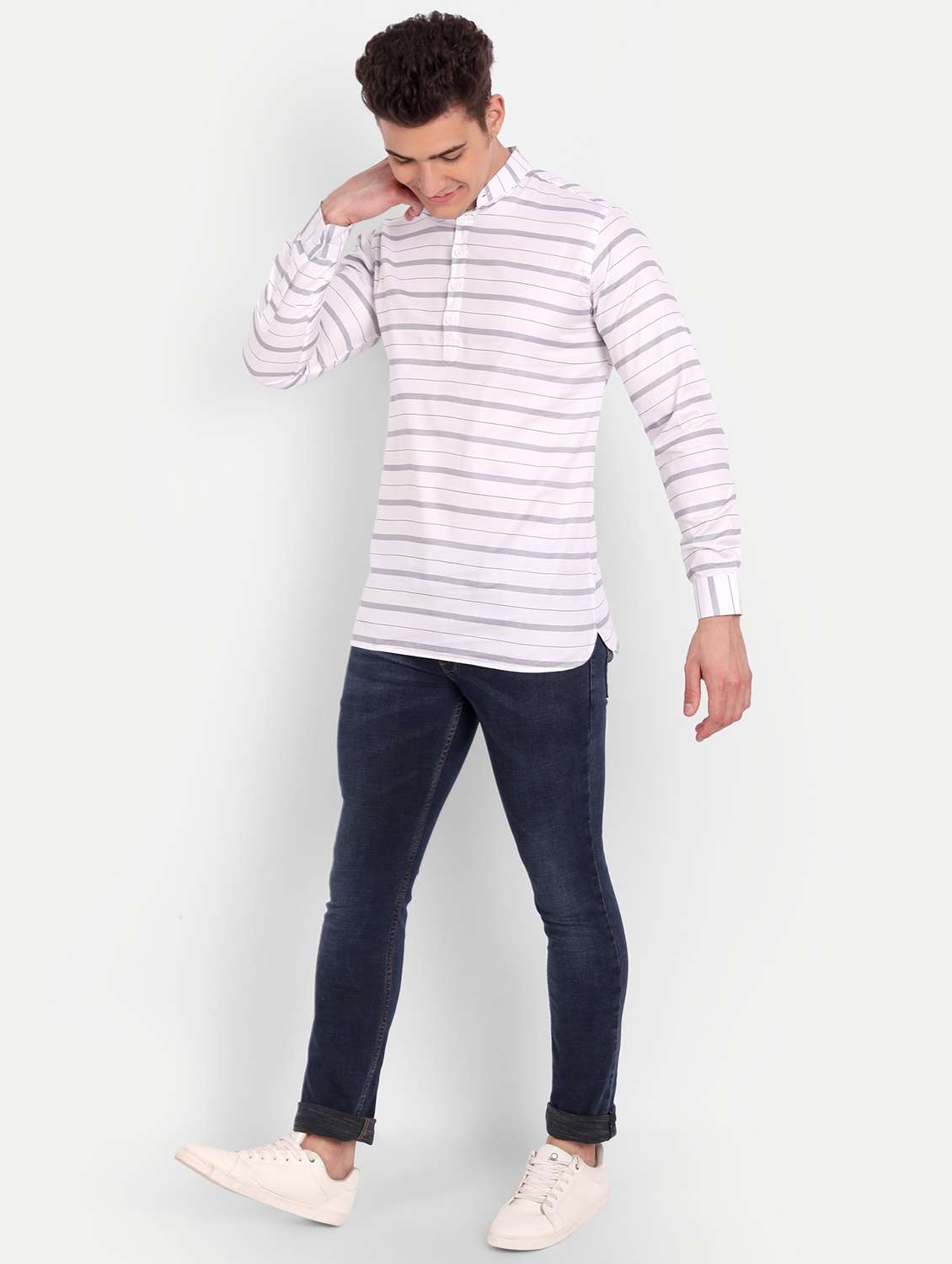 white striped short kurta - 18519117 -  Standard Image - 3