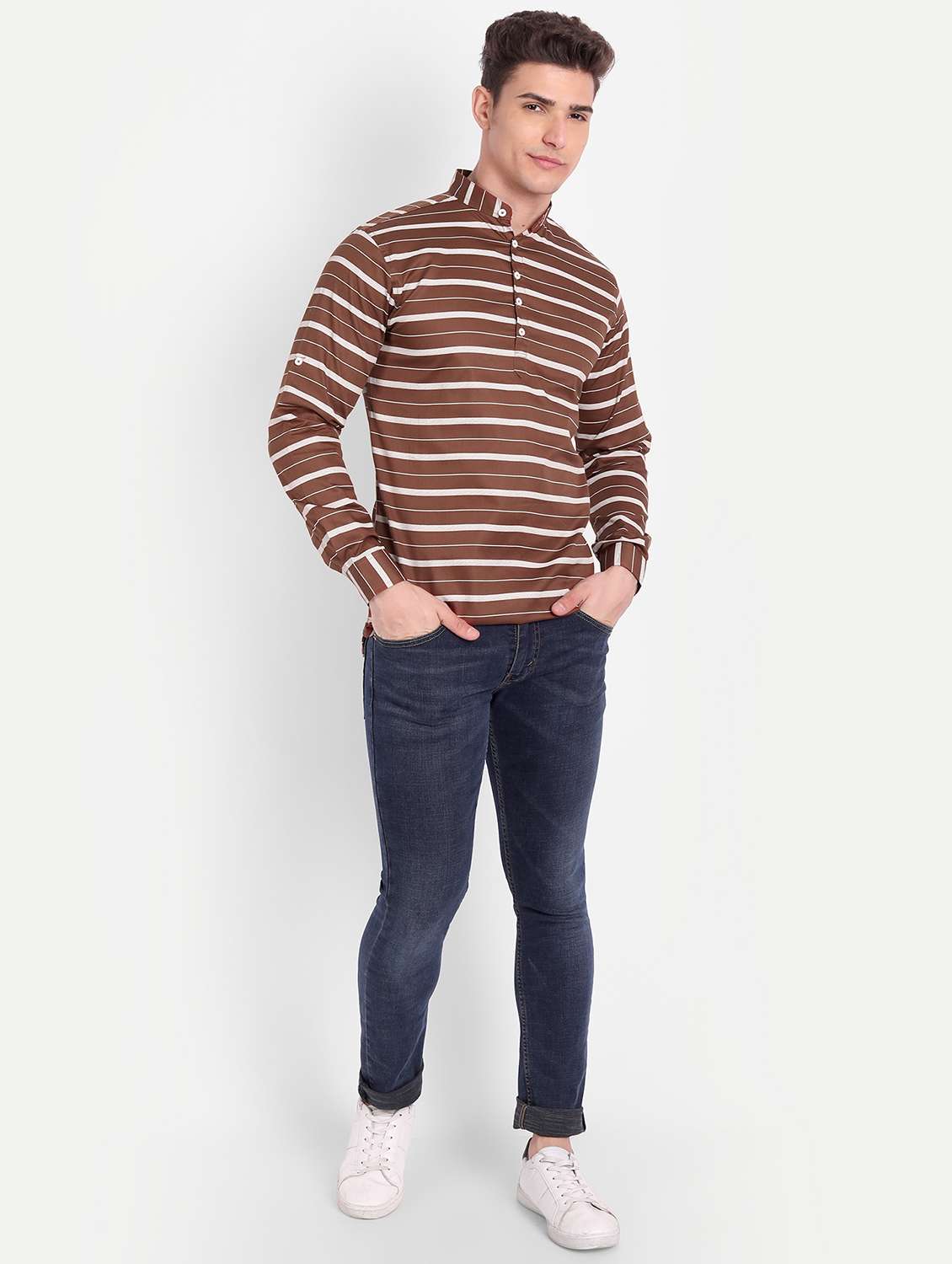 brown striped short kurta - 18519118 -  Standard Image - 3