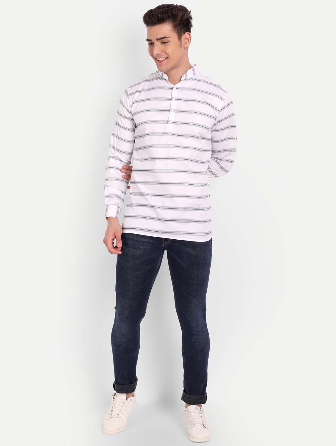 white striped short kurta - 18519120 -  Standard Image - 3