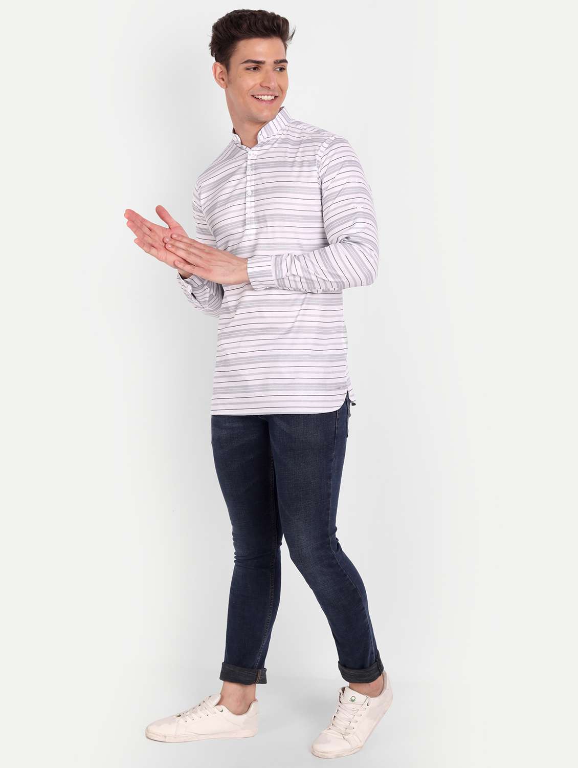 white striped short kurta - 18519123 -  Standard Image - 3