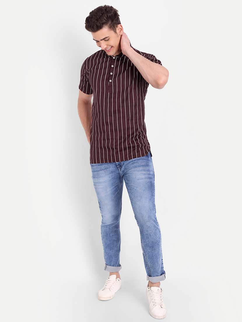 brown striped short kurta - 18519127 -  Standard Image - 3