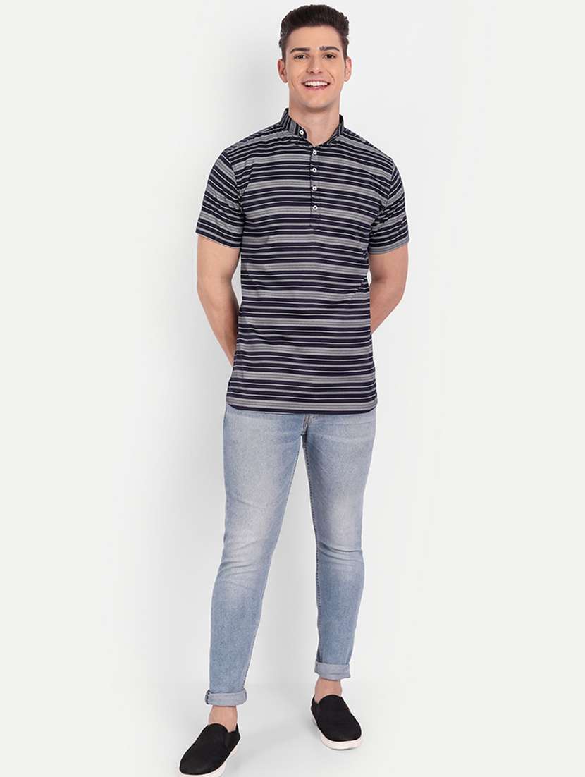 navy blue striped short kurta - 18519135 -  Standard Image - 3