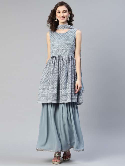women grey sleeveless kurta sharara with dupatta set - 18519425 -  Standard Image - 0