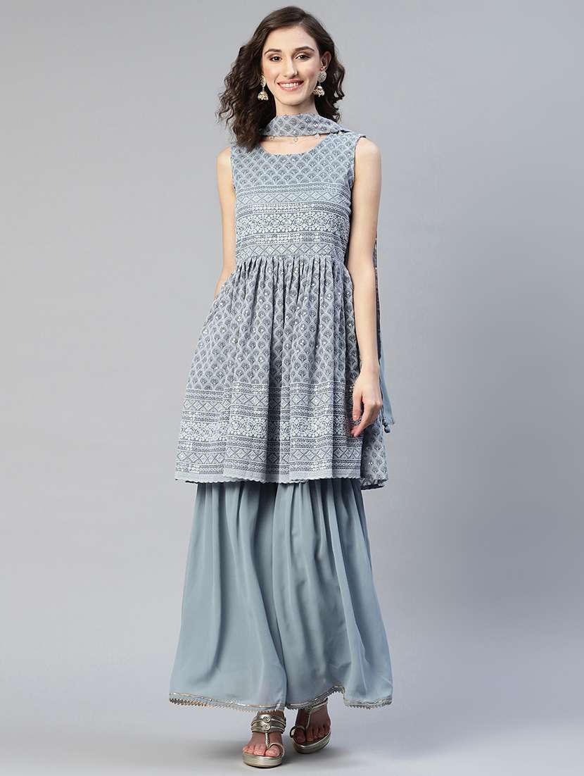 women grey sleeveless kurta sharara with dupatta set