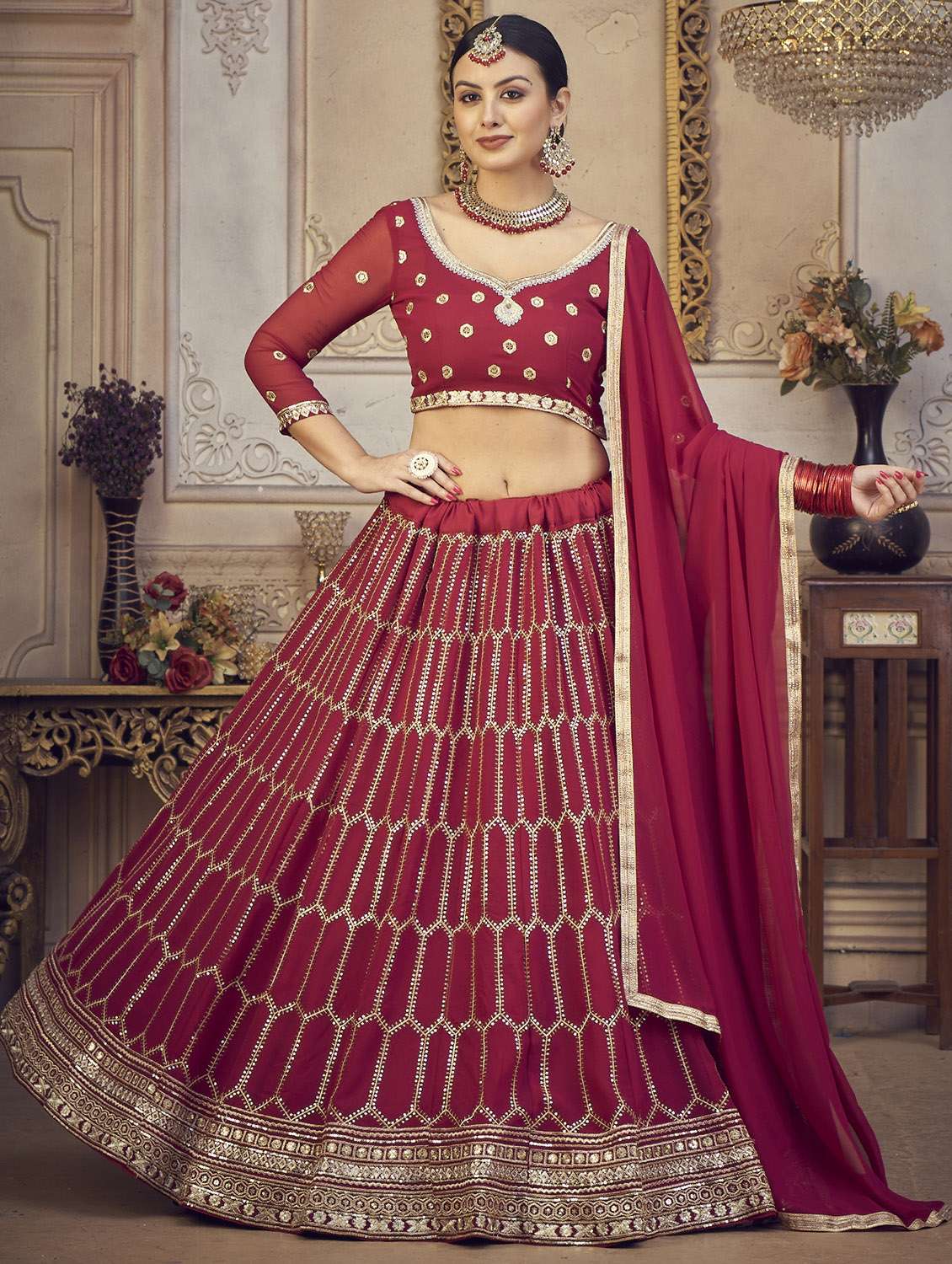 sequined semi-stitched lehenga choli with dupatta