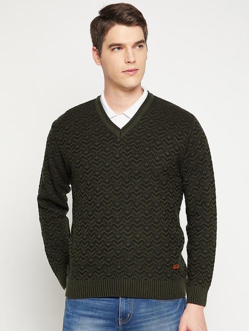 olive green self design pullover - 18522524 - Standard Image - 0