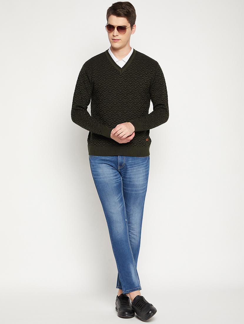 olive green self design pullover - 18522524 - Standard Image - 3