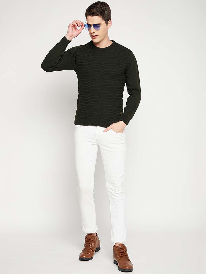 olive green self designed pullover - 18522560 -  Standard Image - 3