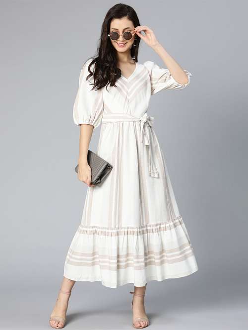 tie front striped fit and flared dress - 18523616 - Standard Image - 0