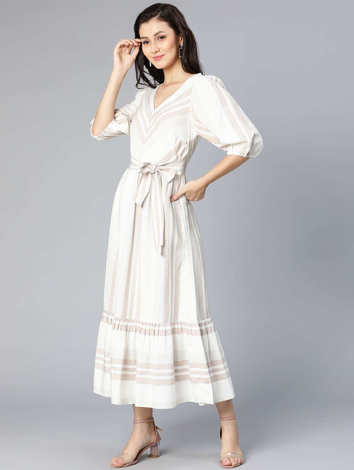 tie front striped fit and flared dress - 18523616 - Standard Image - 3