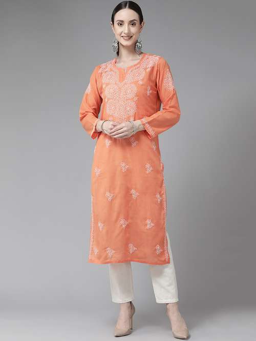 ada hand-embroidered orange cotton straight kurta with chikankari work - 18524131 -  Standard Image - 0