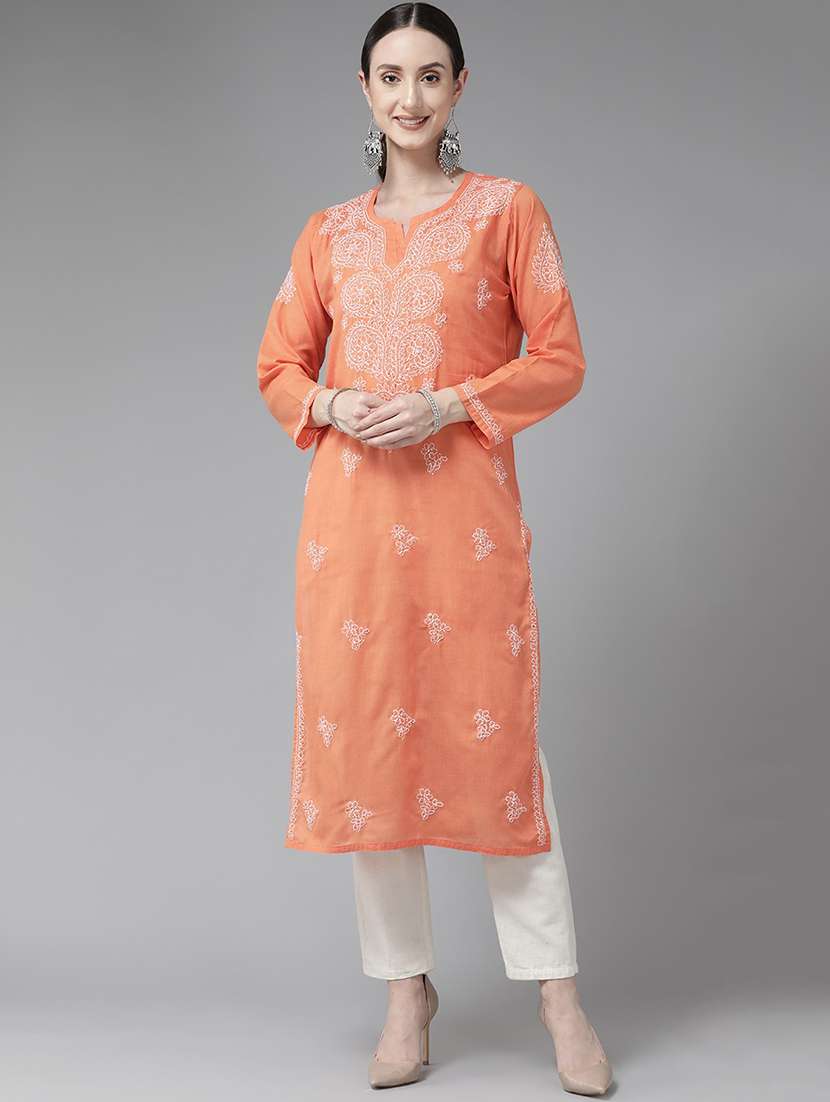 ada hand-embroidered orange cotton straight kurta with chikankari work