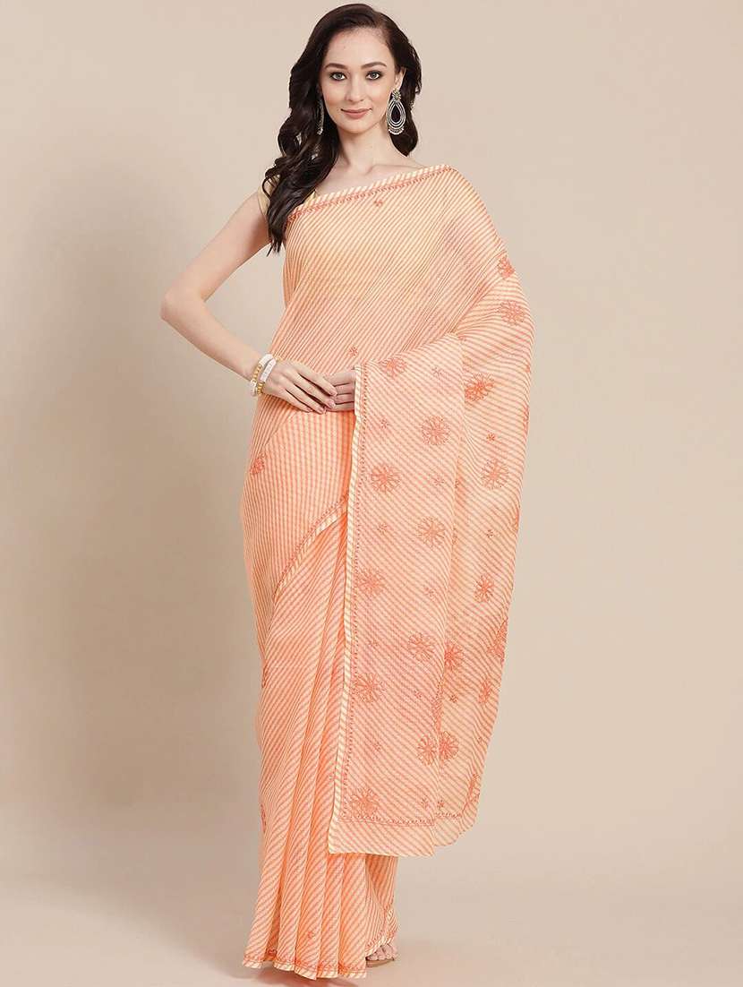 ada hand-embroidered peach kota leheriya saree with chikankari work with blouse - 18524387 - Zoom Image - 0