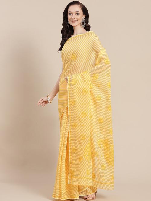 ada hand-embroidered yellow kota leheriya saree with chikankari work with blouse - 18524407 -  Standard Image - 0