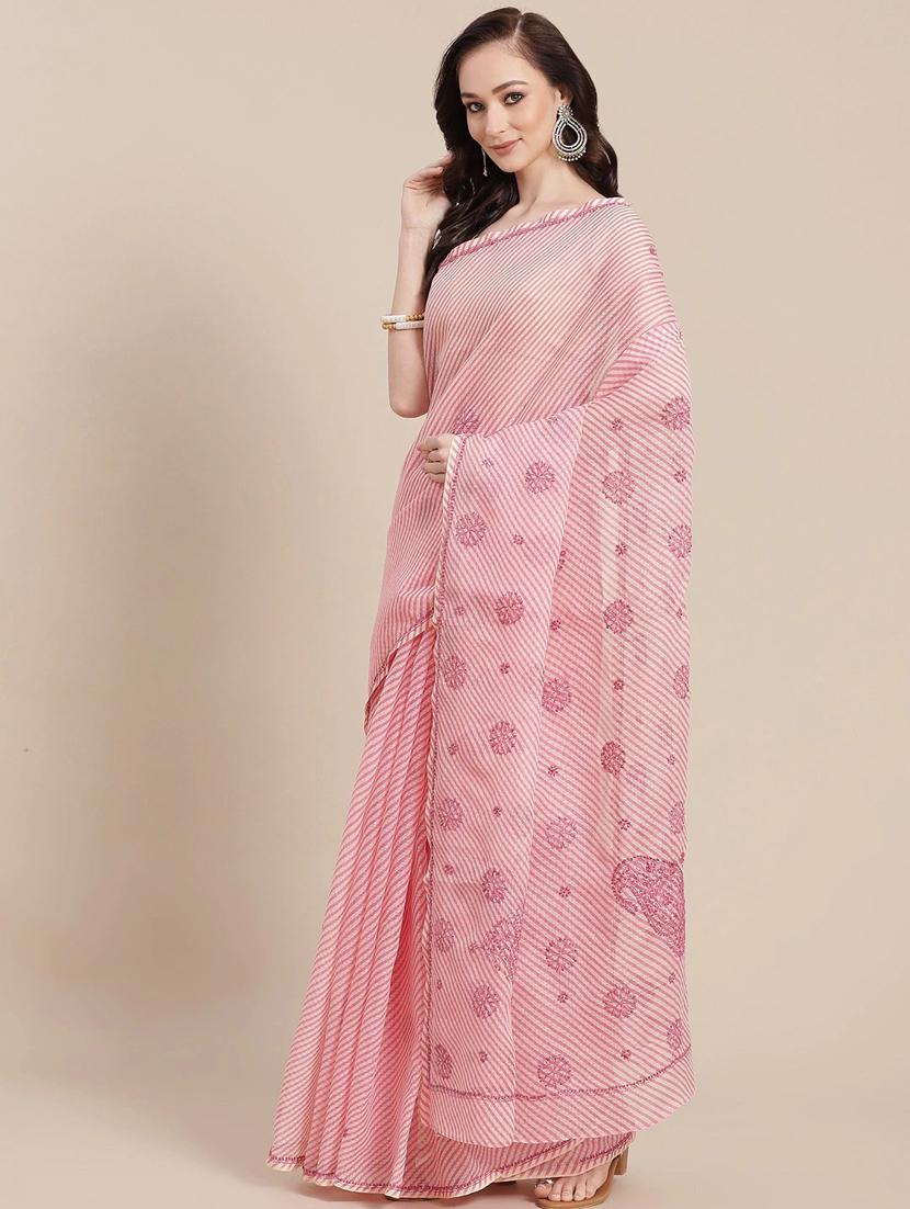 ada hand-embroidered pink leheriya chikankari saree with blouse - 18524408 - Zoom Image - 0
